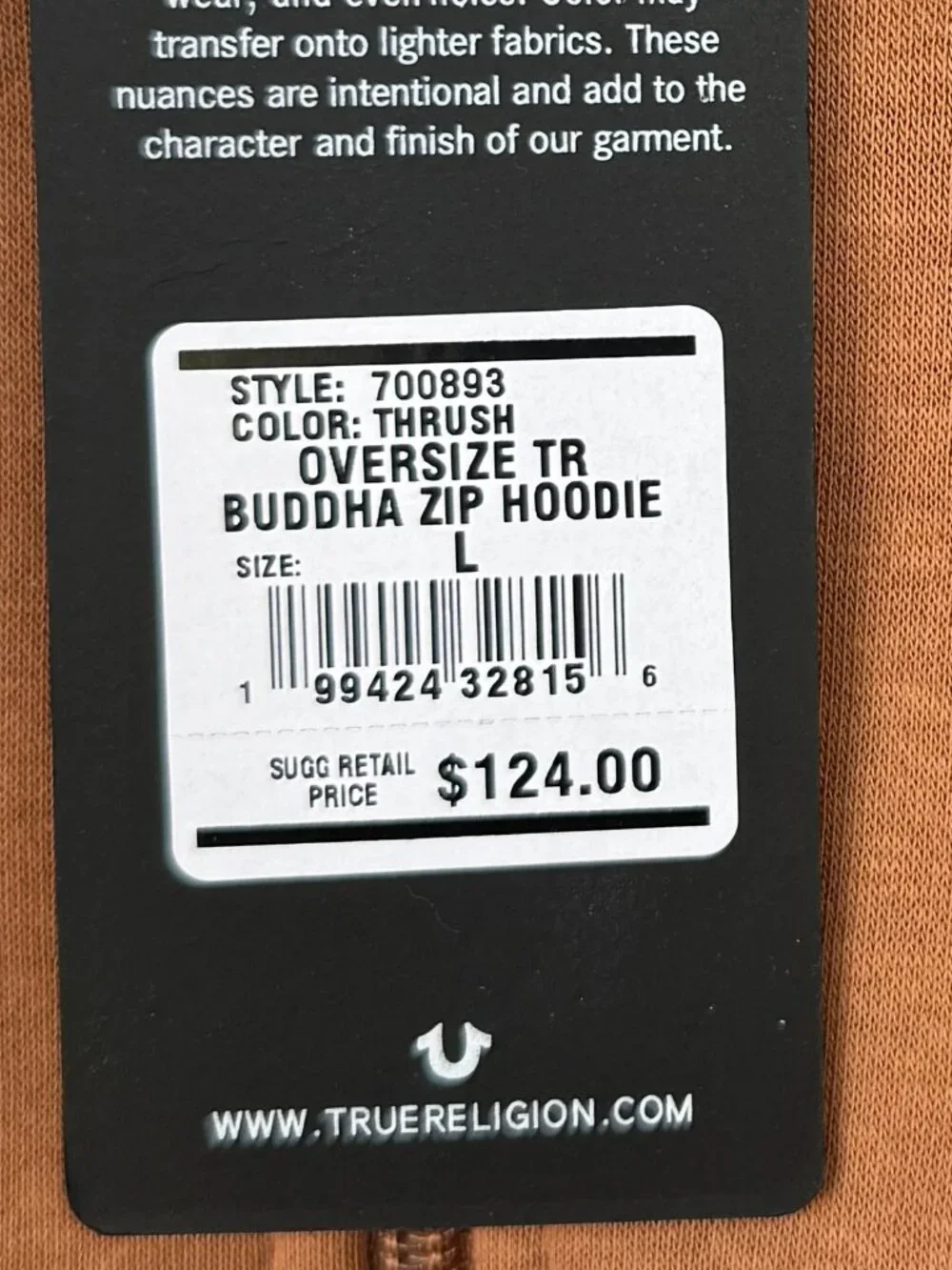 True Religion Buddha Zip Hoodie Men's Large Thrush Brown Thick Oversized NWT